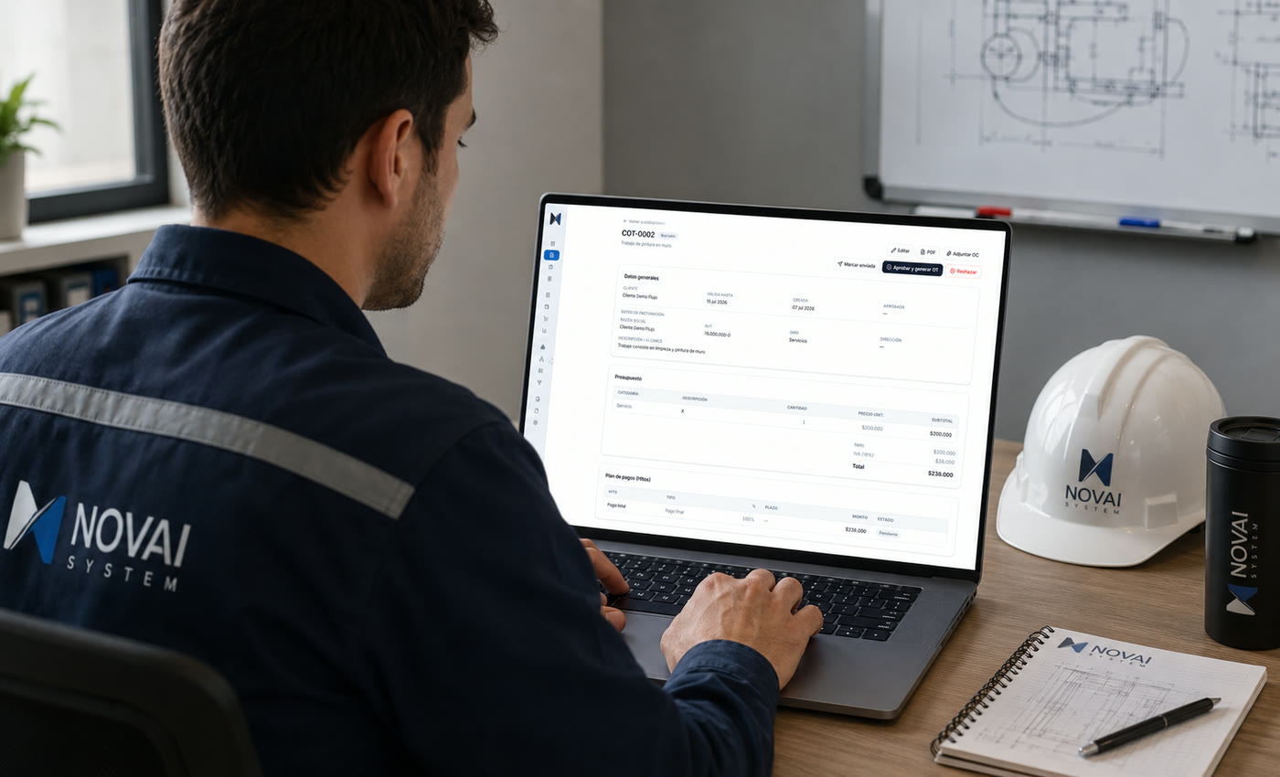 Ingeniero trabajando en NovAI System: cotización en pantalla